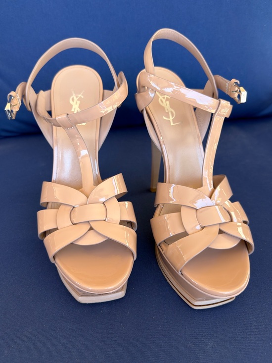 Saint Laurent Shoes - Saint Laurent Tribute 105 Nude Patent Leather Platform Sandal Heels YSL Size 41